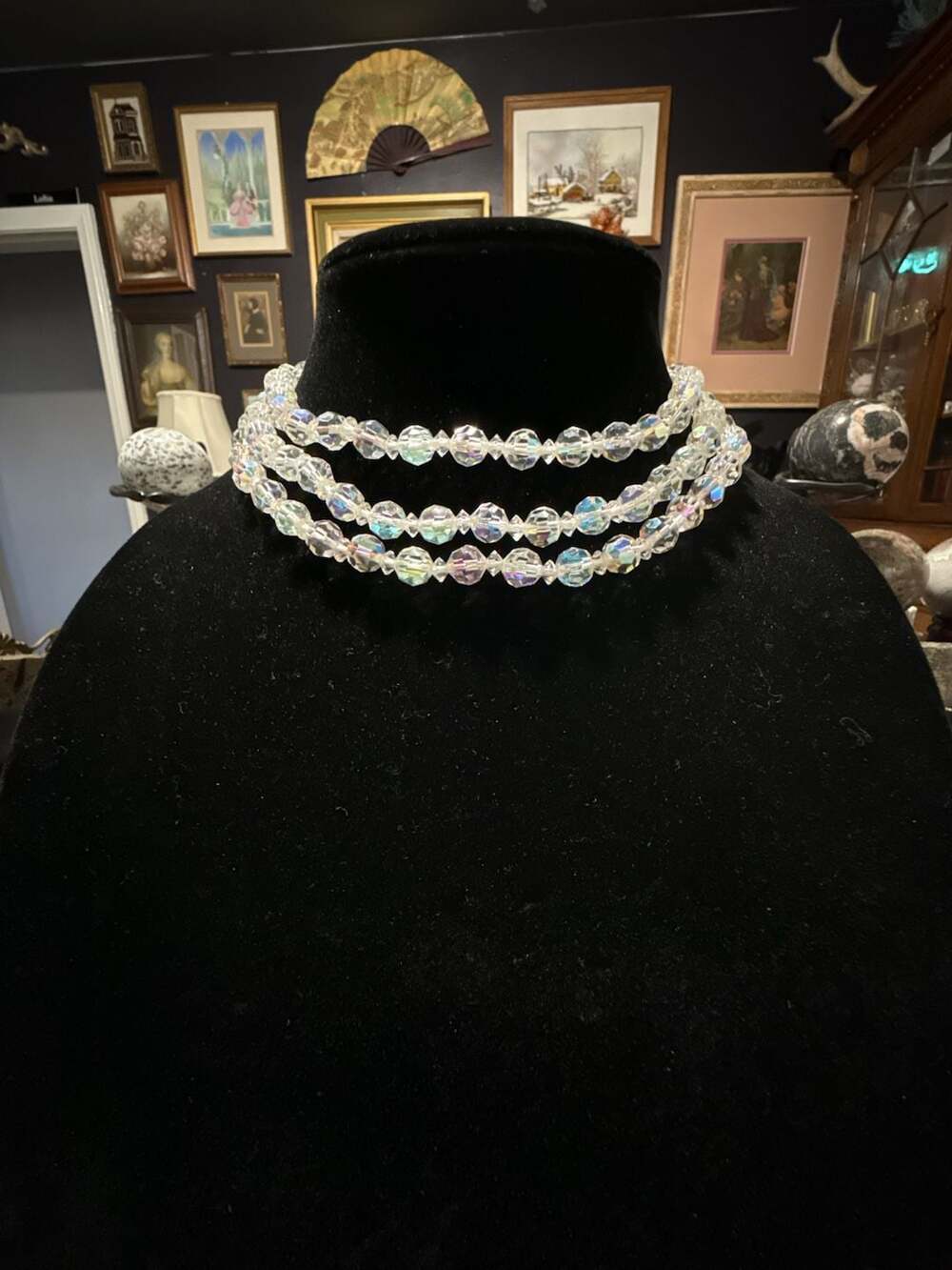 Vintage Crystal Beaded Necklace: Iridescent 3-strand Short Necklace